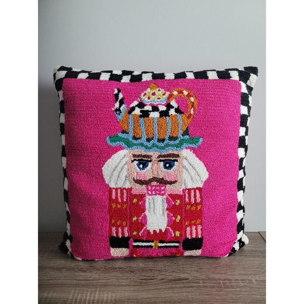 Mackenzie Childs Teapot Nutcracker Pillow Bright Checkered 20 inch Whimsy